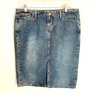 Vintage Y2K LEI Denim Blue Jean Skirt Front Slit Medium Wash Women Size 13 90s